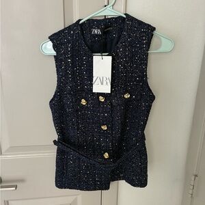 NWT Zara Dark Blue Tweed Vest with Gold Accents